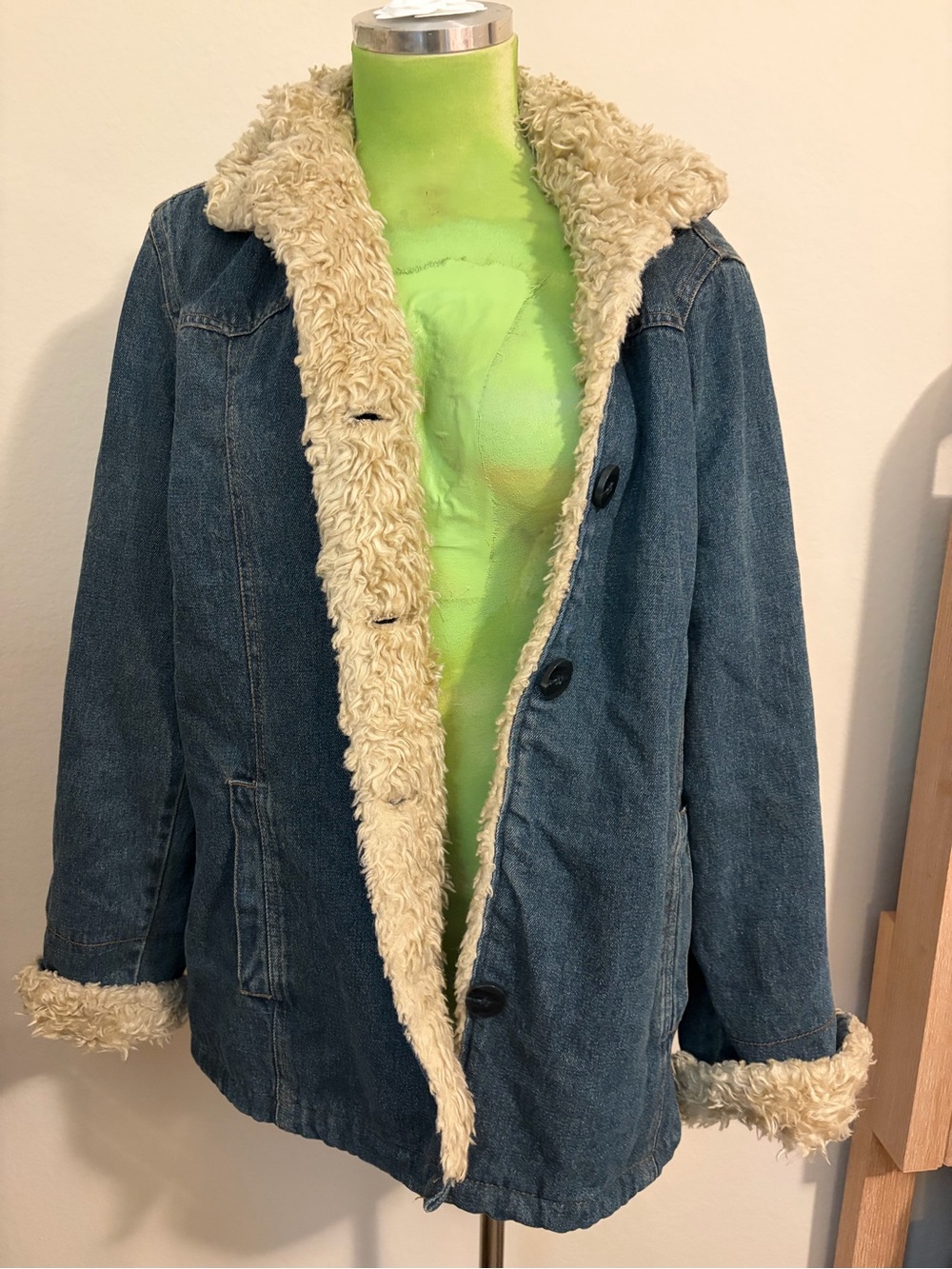 Faded Glory Blue Denim Jacket with Cream Sherpa Trim